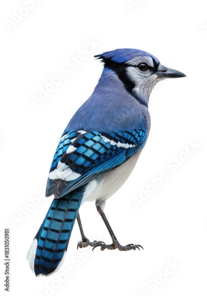 Fototapeta perfectly composed blue jay profile, vibrant cerulean and jet black plumage, focus stacked macro detail, isolated against a shadowless transparent studio background. concept of ornithological accuracy