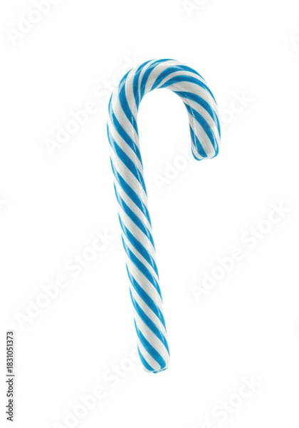 Fototapeta ultra-detailed macro photograph of a glossy blue and white spiral candy cane, static on a high-key white infinity background, emphasizing crystalline sugar structure. Concept for confectionery
