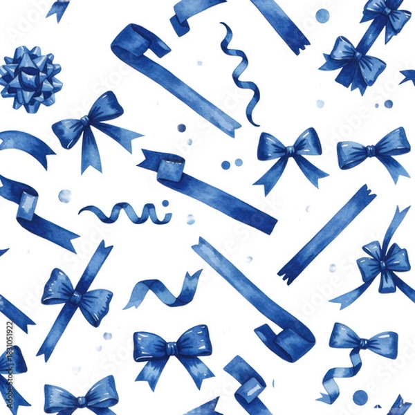 Fototapeta detailed watercolor seamless pattern featuring festive blue and indigo bows, multi-looped ribbons, and striped elements on a transparent background, showcasing hand-painted translucency. concept for