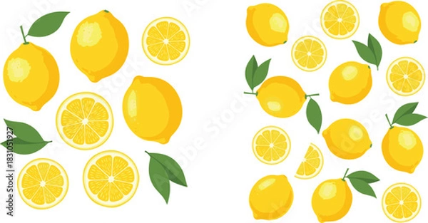 Fototapeta Lemon citrus fruit illustration set featuring whole lemons, round slices, halves, and fresh green leaves for organic food, beverage, and kitchen design use