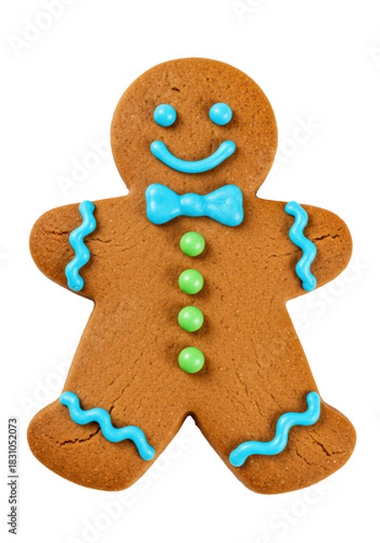 Fototapeta A perfectly baked traditional gingerbread woman cookie with glossy blue and green royal icing details, matte texture, isolated on a seamless transparent background. Concept for commercial christmas