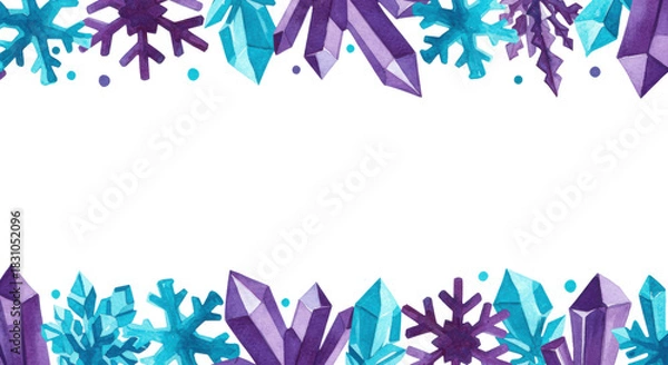 Fototapeta Intricate geometric watercolor snowflakes, purple and cyan, arranged as a delicate horizontal border on a transparent background with ample copy space. Concept for sophisticated holiday graphics