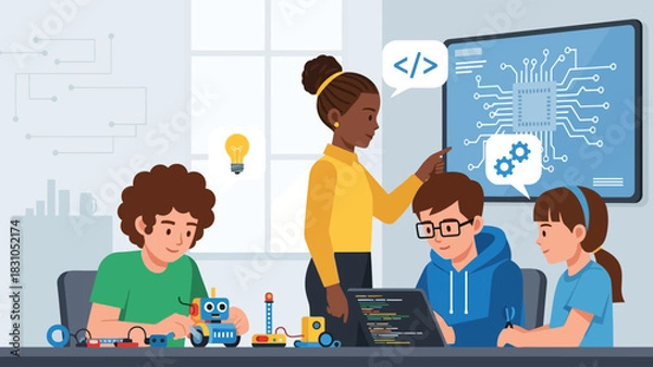 Fototapeta Children learn coding and robotics with teacher