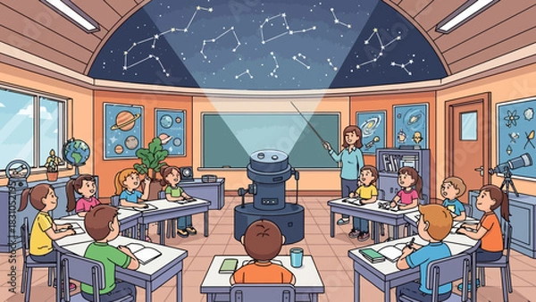Fototapeta Children in a classroom learning about constellations projected on the ceiling