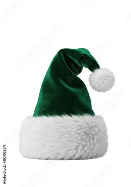 Fototapeta High-key photorealistic product shot of a deep emerald green velvet santa hat with white faux fur trim, isolated on white emphasizing luxurious texture. high-end holiday product concept