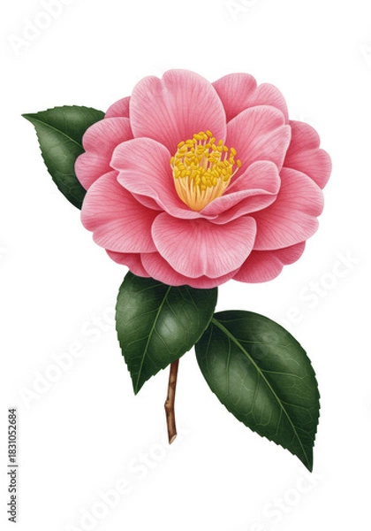 Fototapeta ultra-detailed japanese botanical watercolor of a perfect rose pink camellia japonica flower and green leaves, isolated on white background with copy space, concept of botanical perfection and