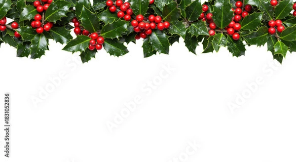 Fototapeta Lush, detailed top border of ilex aquifolium holly branches, glossy green leaves, crimson berries, and subtle frost, against a pristine transparent copy space background. Concept of festive