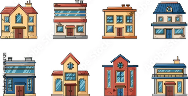 Fototapeta Residential house and small building illustration set featuring colorful homes, townhouses, apartments, and neighborhood architecture in clean flat vector style