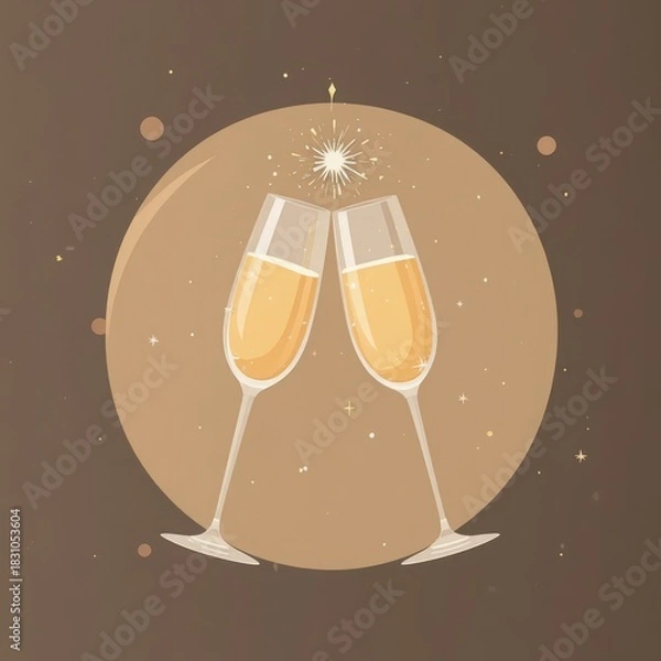 Fototapeta Minimal vector champagne flutes clinking in warm pastels with tiny sparkles