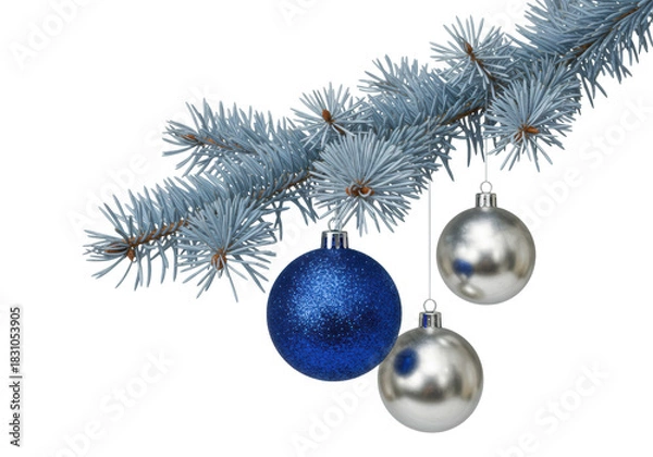 Fototapeta stylized silvery-blue fir branch with icy needles, featuring three luxurious sapphire and reflective silver sphere christmas ornaments, isolated on transparent with copy space. concept of
