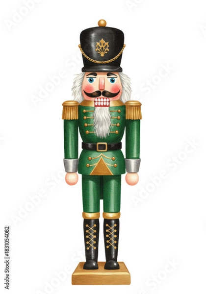 Fototapeta highly detailed watercolor illustration of a vintage wooden nutcracker soldier in a rigid emerald green and gold uniform, isolated on a white background. concept of traditional festivity