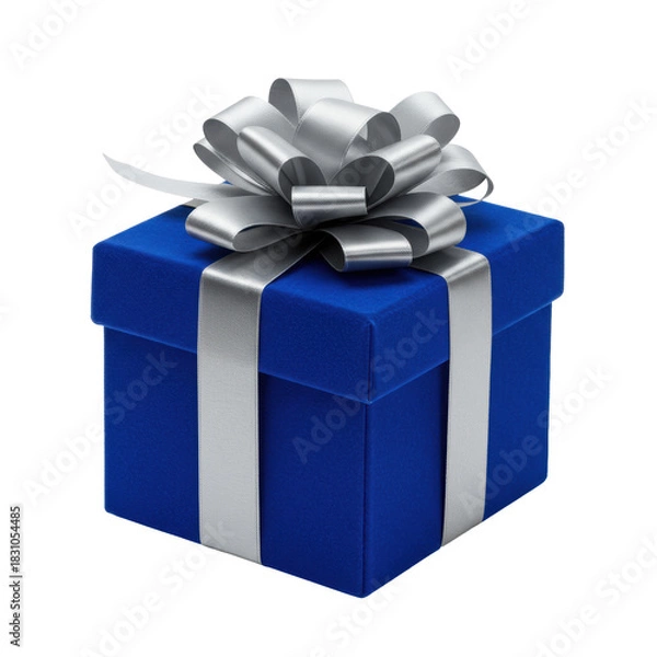 Fototapeta royal blue velvet square gift box tied with a metallic silver silk perfect bow, isolated on a white studio background with copy space, shot with a macro lens. concept for luxury advertising