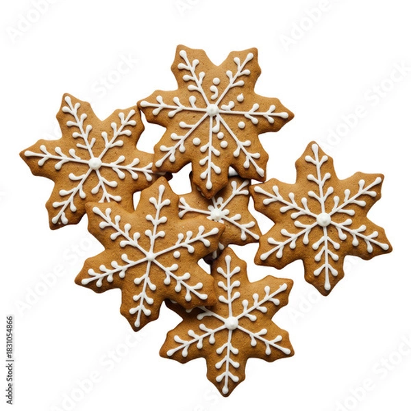 Fototapeta six rustic, golden gingerbread snowflake cookies with detailed white royal icing, arranged and isolated on a transparent background in a macro flat lay view. festive christmas sweets concept
