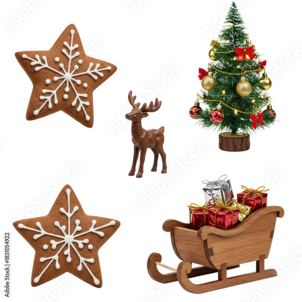 Fototapeta high-key macro still life of festive symbols: star gingerbread cookie with royal icing, miniature wooden reindeer and sleigh with gifts, christmas tree with led lights, concept of upscale holiday