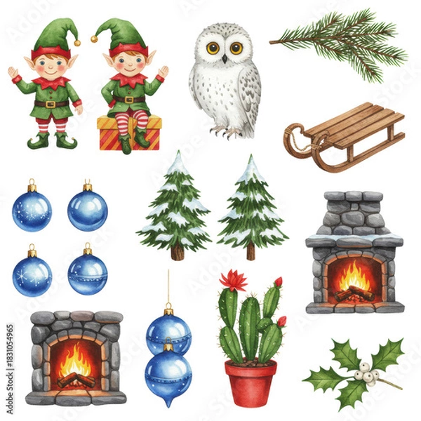 Fototapeta highly detailed watercolor clip-art asset collection featuring christmas elf, snowy owl, rustic sled, and festive baubles, isolated on a transparent background. Traditional holiday nostalgia set