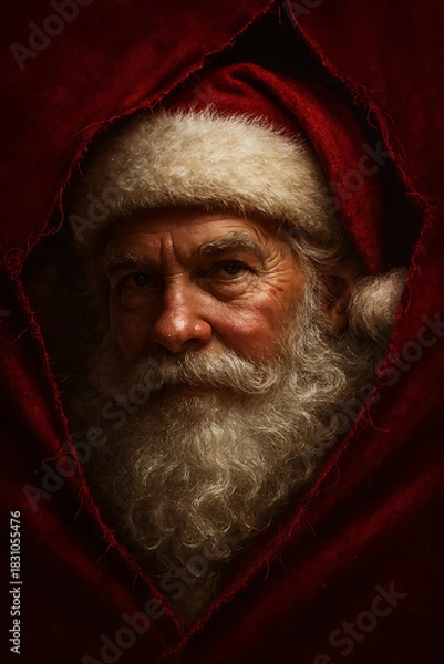 Fototapeta Intense Close-up Portrait of Santa Claus Peeking Through Red Fabric