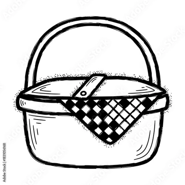 Obraz Cartoon picnic basket with checkered cloth and curved handle design