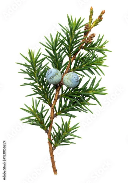 Fototapeta Macro photograph of a vibrant emerald red cedar (juniperus virginiana) branch with sharp, bluish needles and blue berries, pristine against a white void backdrop. Minimalist christmas decor concept