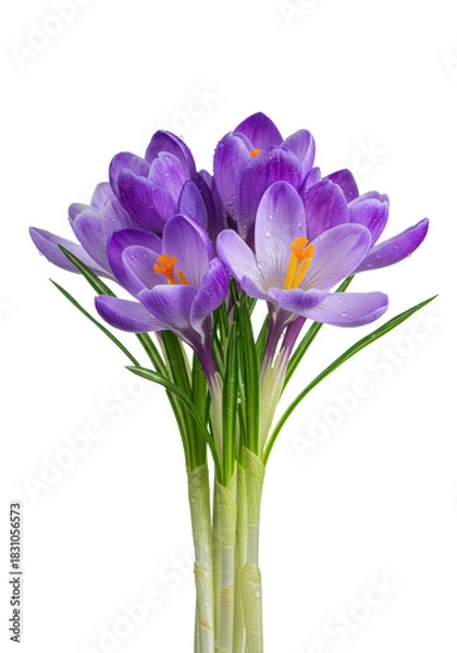 Fototapeta ultrafocused macro photograph of delicate violet and lavender crocus flowers, dew on green stems, against a high-key white background. concept of botanical perfection
