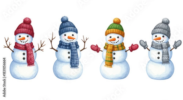 Fototapeta Six cute anthropomorphic watercolor snowmen in a horizontal row wearing detailed colorful knitted hats and scarves against a stark white studio background. Concept for winter holiday design