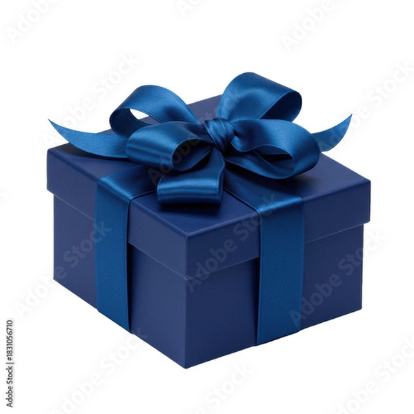 Fototapeta ultra-sharp studio photograph of a deep matte sapphire blue luxury gift box with a high-sheen cerulean satin butterfly bow, isolated on white background. concept for exclusive gift presentation