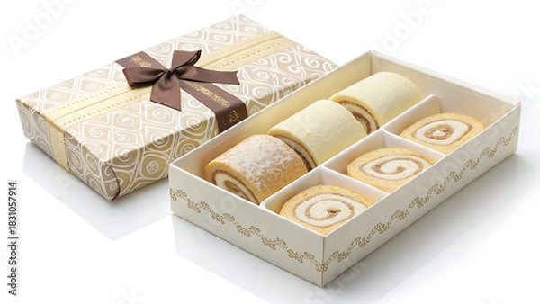 Fototapeta Elegant gift box filled with delicious swiss roll cakes decorated with powdered sugar