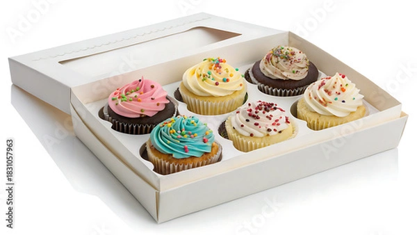 Fototapeta Assortment of six deliciously decorated cupcakes presented in a white cardboard bakery box