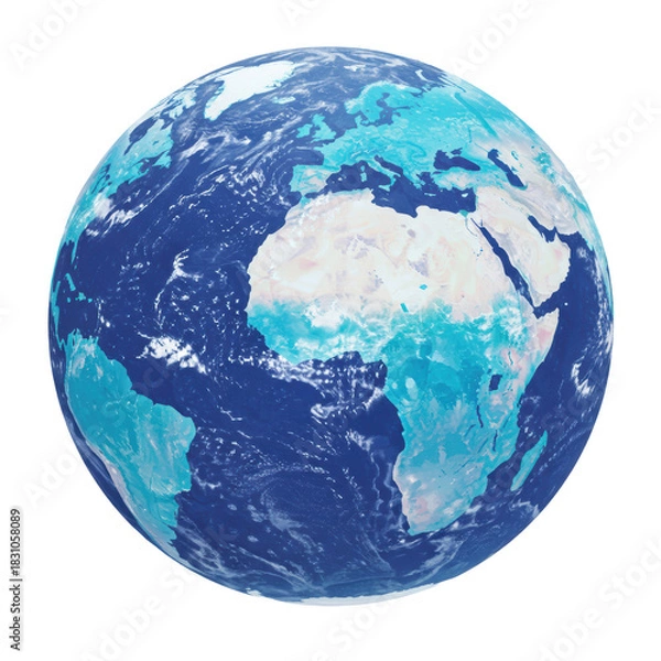 Fototapeta A stylized 3d earth globe, continents rendered in vibrant cerulean watercolor washes, high-res paper texture, isolated on white with copy space, concept of global unity