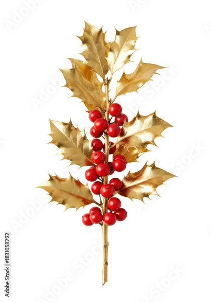 Fototapeta ultra-detailed macro of a reflective metallic gold holly branch and dense crimson berries against a transparent background, high-end luxury product photography. Elegant festive atmosphere