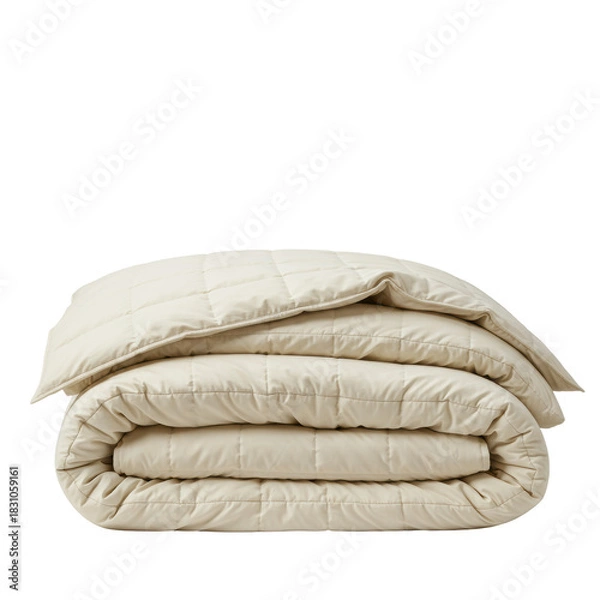 Fototapeta Ultra-plush ivory cream sateen duvet comforter, geometric square quilting, expertly folded to maximize depth, isolated on a transparent background, luxurious bedding advertisement concept