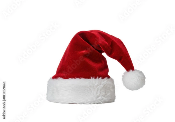 Fototapeta Detailed product shot of a plush, crimson red velvet christmas stocking cap with thick white faux-fur and pom-pom, isolated on a transparent background, high-end holiday concept.