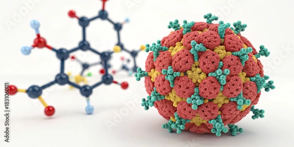 Obraz Molecular model lipid protein sphere biology science chemistry nanotechnology 3D render closeup form vivid study scene with detailed molecular model, lipid protein sphere, biology science