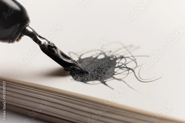 Obraz macro shot of a black abstract blob with lines and a fountain pen drawing the blob. A strange ink drawing