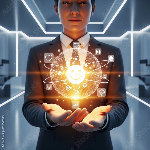 Fototapeta Digital Leader Holding Glowing Soft Skills Sphere in Futuristic Office