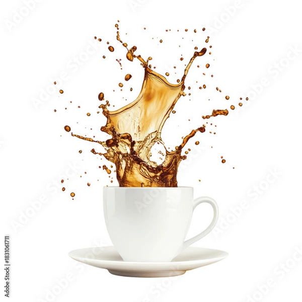 Fototapeta White coffee cup with splashing liquid isolated on transparent background