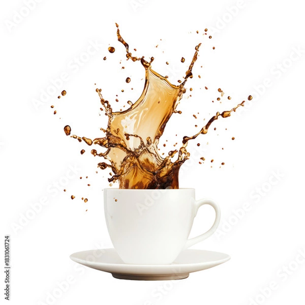 Fototapeta White coffee cup with splashing liquid isolated on transparent background