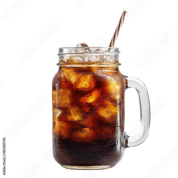 Fototapeta Refreshing iced coffee in a mason jar with straw isolated on transparent background