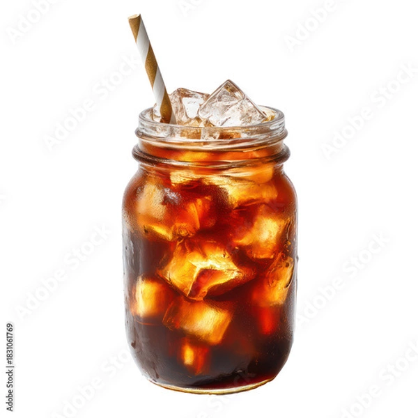 Fototapeta Refreshing iced coffee in a mason jar with straw isolated on transparent background