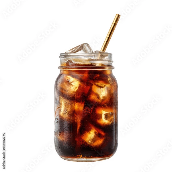 Fototapeta Refreshing iced cola drink in a mason jar with straw isolated on transparent background
