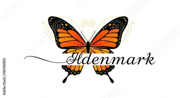 Fototapeta Vibrant Orange Monarch Butterfly Illustration with Elegant Hdenmark Text on Clean White Background
