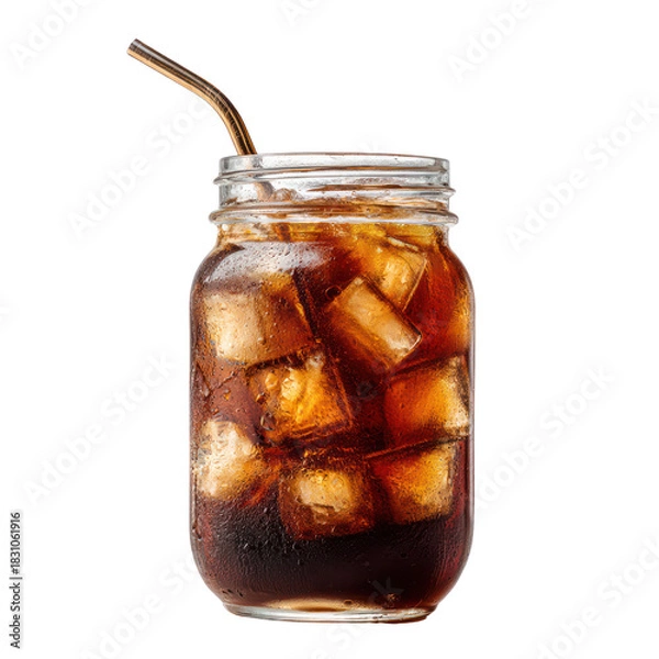 Fototapeta Refreshing iced coffee in a mason jar with a straw isolated on transparent background