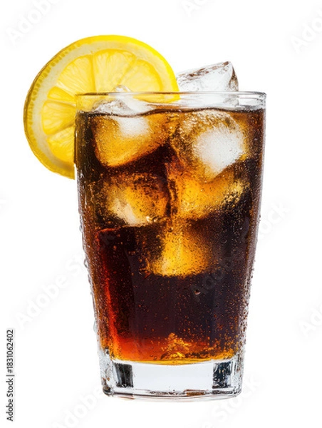 Fototapeta Refreshing cola drink with ice and lemon slice isolated on transparent background