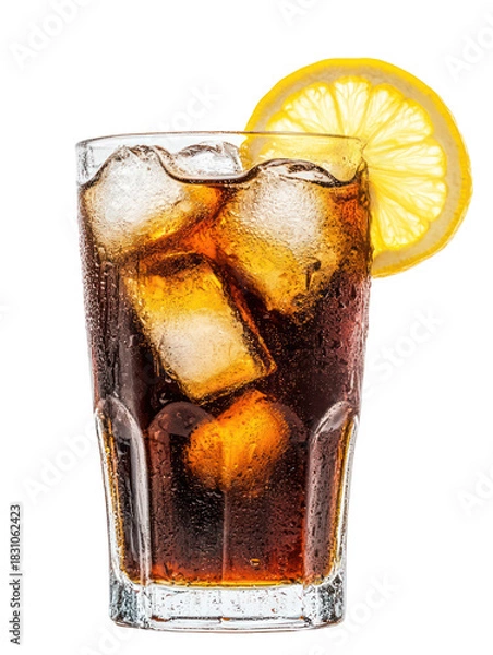 Fototapeta Refreshing cola drink with ice and lemon slice isolated on transparent background