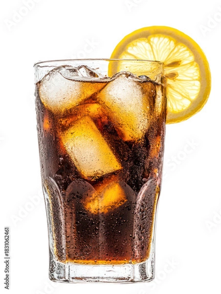 Fototapeta Glass of cola with ice and lemon slice isolated on transparent background