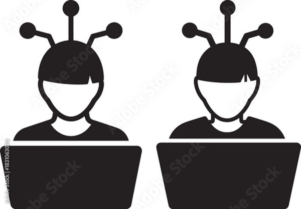 Obraz Two people with antennae using laptops silhouette
