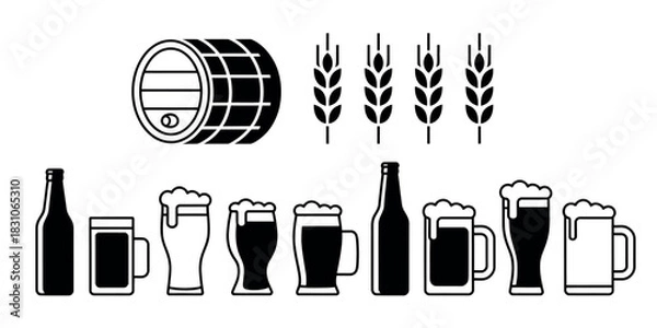 Fototapeta Illustration of a beer barrel, wheat stalks, beer bottles, and various beer mugs