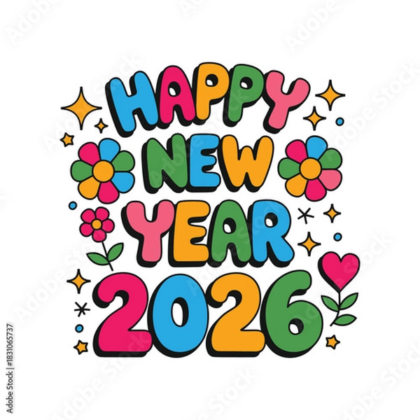 Fototapeta Happy New Year 2026 Colorful Groovy Celebration Greeting Design