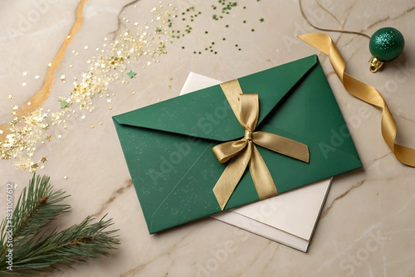 Fototapeta Stylish green envelope tied with a gold ribbon on a marble surface with festive sparkles and greenery. Clean luxury holiday aesthetic, warm seasonal tones and elegant Christmas gift presentation.