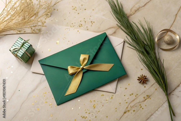 Obraz Green envelope with gold ribbon surrounded by holiday greenery, small gift box and sparkles on a marble surface. Elegant Christmas flat lay with warm festive details and clean seasonal styling.