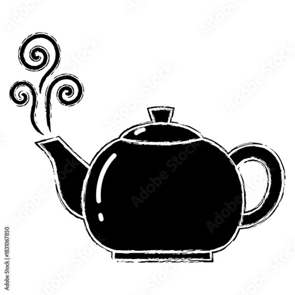 Obraz Stylized Teapot Illustration with Steam Black and White